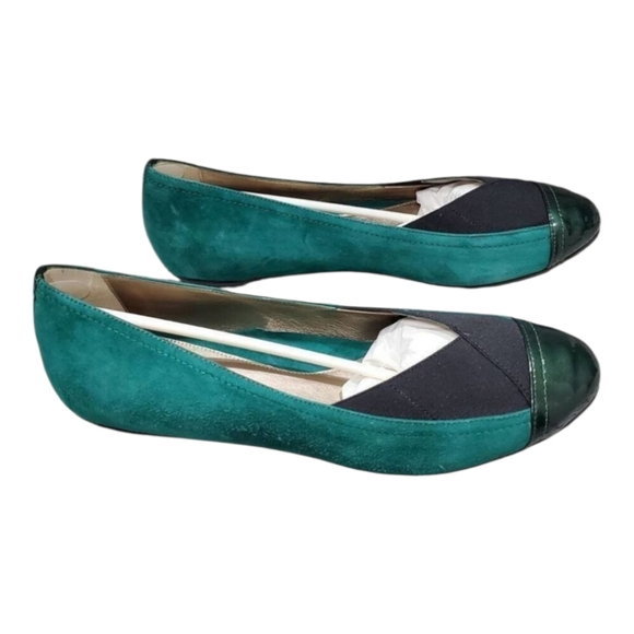 Ballet Flats Emerald‎ Green Block Heel Suede Leather Cap Toe Slip On Shoes - Picture 2 of 7